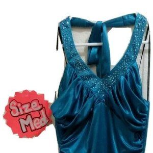 Jodi Kristopher Teal Prom beaded satin Knee size M